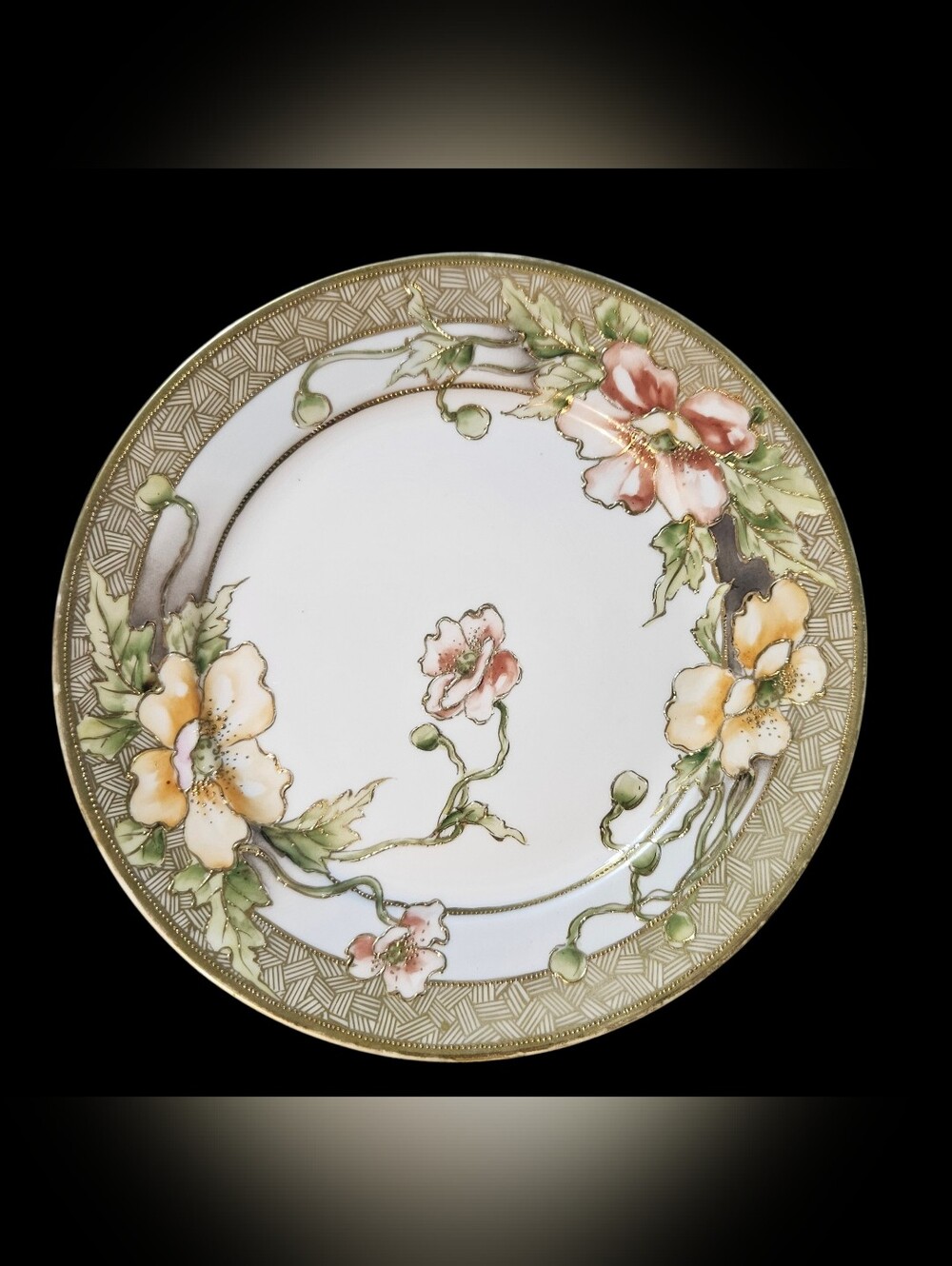 Antique 8-1/2" NIPPON RC Hand Painted Porcelian Salad Plate, Flowers & Gold Gilt